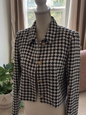 Jason Wu Black & White Houndstooth Cropped Blazer with Gold Buttons